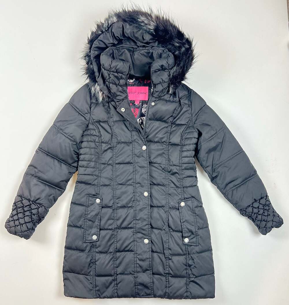 Betsey Johnson Black Puffer Coat with Faux Fur Hood and Floral Lining Size M
